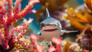 Charming wallpaper featuring a playful shark pup playfully peeking from behind a coral reef welcoming you to its underwater realm with a sly smile