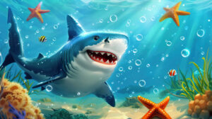 Cheerful underwater wallpaper featuring a playful cartoonish shark accompanied by bubbles and starfish