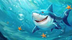 Cheerful underwater wallpaper featuring a playful shark amidst bubbles and starfish