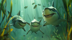 Cherishing moment captured in wallpaper showing parent sharks encircling their young ones with care in a serene underwater setting