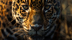 Close up of a fierce and intense looking jaguar, capturing its wild essence