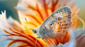Close up of a fragile moth perched on a bright flower petal its detailed patterns and gentle hues glowing in sunlight