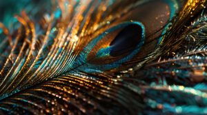 Close up of a stunning peacock feather shining with its iridescent colors and detailed designs under the sunlight