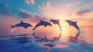 Dancing dolphins leap in unison beneath a sky painted in soft pastel hues their movements mirrored in the serene ocean below