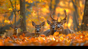 Deer family resting among autumn foliage, their antlers a crown of seasonal splendor