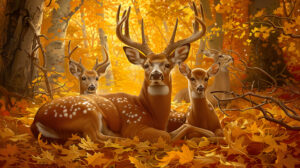 Deer from the same family find repose amidst autumn leaves displaying their antlers as a majestic symbol of the seasons beauty