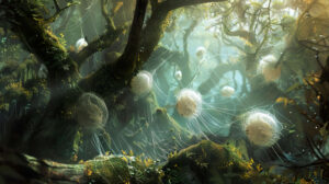 Discover a serenely magical forest scene where caterpillars gracefully spin delicate silk threads among the branches forming elaborate cocoons