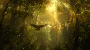 Discover a tranquil forest setting where golden rays pierce through the trees to bathe a magnificent bird in light captured in a wallpaper named Majestic Flight