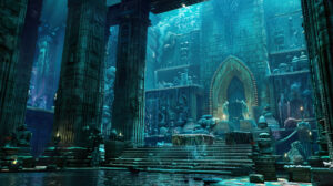 Discover the captivating Atlantis throne room featuring regal coral encrusted structures and ancient artifacts in this stunning wallpaper