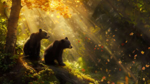 Discover the delightful wallpaper showcasing playful bear cubs in a sunlit forest titled Charming Black Bear Wallpaper.jpg