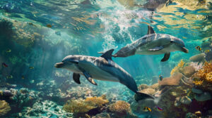 Dolphins dance gracefully in clear turquoise waters with a vibrant coral reef background captured in Joyful Leaping Dolphins.jpg