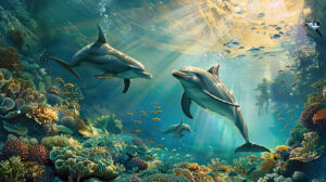 Dolphins elegantly glide through sun kissed waters embraced by a lively marine community. Filename Dolphins sunlit ocean realm.jpg