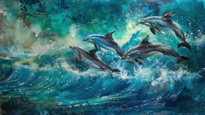 Dolphins gliding gracefully through shimmering waves in a seascape alive with shades of blue and green captured in Majestic wallpaper.jpg