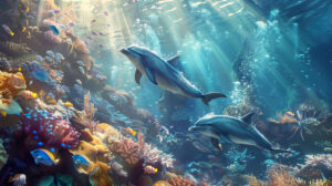 Dolphins gracefully swimming amidst sun dappled waters, surrounded by vibrant marine life