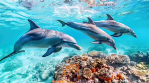 Dolphins joyfully leap in crystal clear turquoise waters with a vibrant coral reef backdrop in a wallpaper titled Graceful Dolphins on display