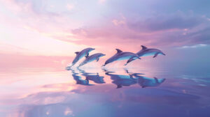 Dolphins joyfully leaping together under a tranquil pastel sky mirroring in the serene ocean waves