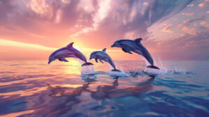 Dolphins playfully leap in synchronized harmony beneath a pastel sky casting reflections on the tranquil ocean in this captivating wallpaper