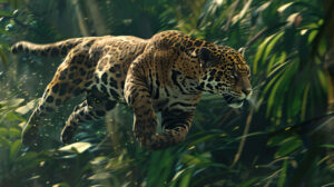 Dynamic action scene with a jaguar in mid leap, showcasing agility and power