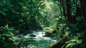 Dynamic rainforest scene with a river flowing through the dense greenery