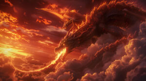 Dynamic scene with an anime dragon breathing fire amidst swirling clouds, showcasing its ferocity