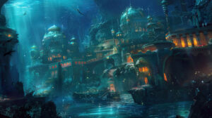 Enchanted Atlantis with ethereal light sources illuminating its mythical architecture