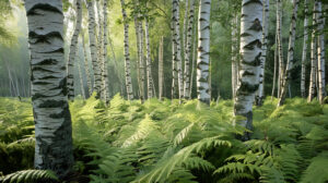 Enchanting birchwood grove in the early morning light, with slender white trunks rising from a carpet of green ferns