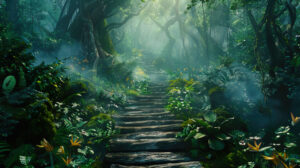 Enchanting setting of misty rainforest with towering trees and winding pathways captured in mist covered rainforest wallpaper.jpg