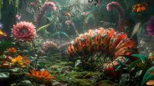 Enchanting wallpaper featuring larger than life caterpillars among towering flowers and lush foliage brings a whimsical garden scene to life