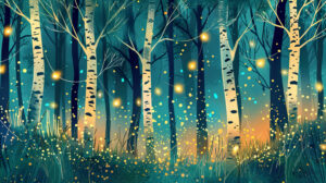 Enchanting wallpaper featuring whimsical birchwood trees in a magical forest with fairy lights twinkling among the branches