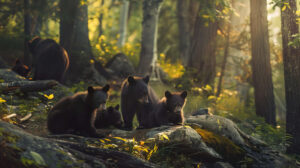 Enchanting wallpaper of black bears with cute cubs playing in a sunlit forest captured in Charming black bear wallpaper featuring adorable bear cubs frolicking in a sun dappled forest.jpg