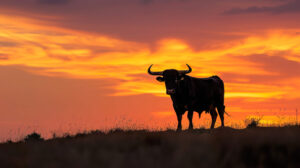 Eternal elegance captured a solitary black bull a majestic silhouette against a fiery sunset atop a hill. 171 characters
