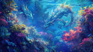 Ethereal underwater scene with anime dragons swimming gracefully among colorful coral reefs