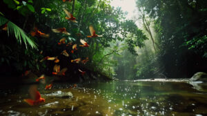 Experience the lively melody of the rainforest through Wallpaper capturing the harmonious sounds of chirping birds buzzing insects and flowing water