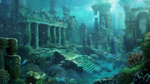 Explore a mesmerizing wallpaper featuring the sunken ruins of Atlantis showcasing ancient architectural structures amidst a vibrant marine life backdrop