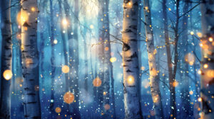 Explore a mystical woodland scene featuring enchanting birch trees and twinkling fairy lights among the branches with this wallpaper titled Birchwood Magic