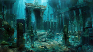 Explore the wallpaper capturing the grandeur of the throne room in Atlantis adorned with coral encrusted regal structures and ancient artifacts