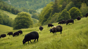 Flock of black sheep grazing on a hillside, their woolly forms standing out against the lush green grass