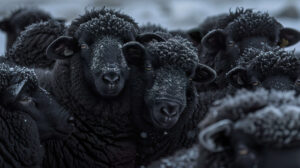 Flock of dark sheep gathered closely their fuzzy fleece forming a snug scene standing out amidst the chill