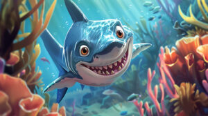 Friendly cartoon shark with oversized endearing eyes and a cheerful grin gliding gracefully through a vibrant coral reef wallpaper