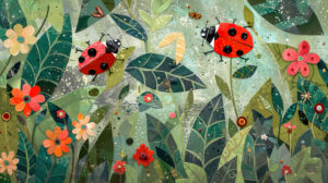 Friendly ladybugs gracefully moving through a vibrant garden amidst leaves and flowers adding a touch of whimsy and joy Wallpaper A whimsical scene of ladybugs on a patchwork canvas.jpg