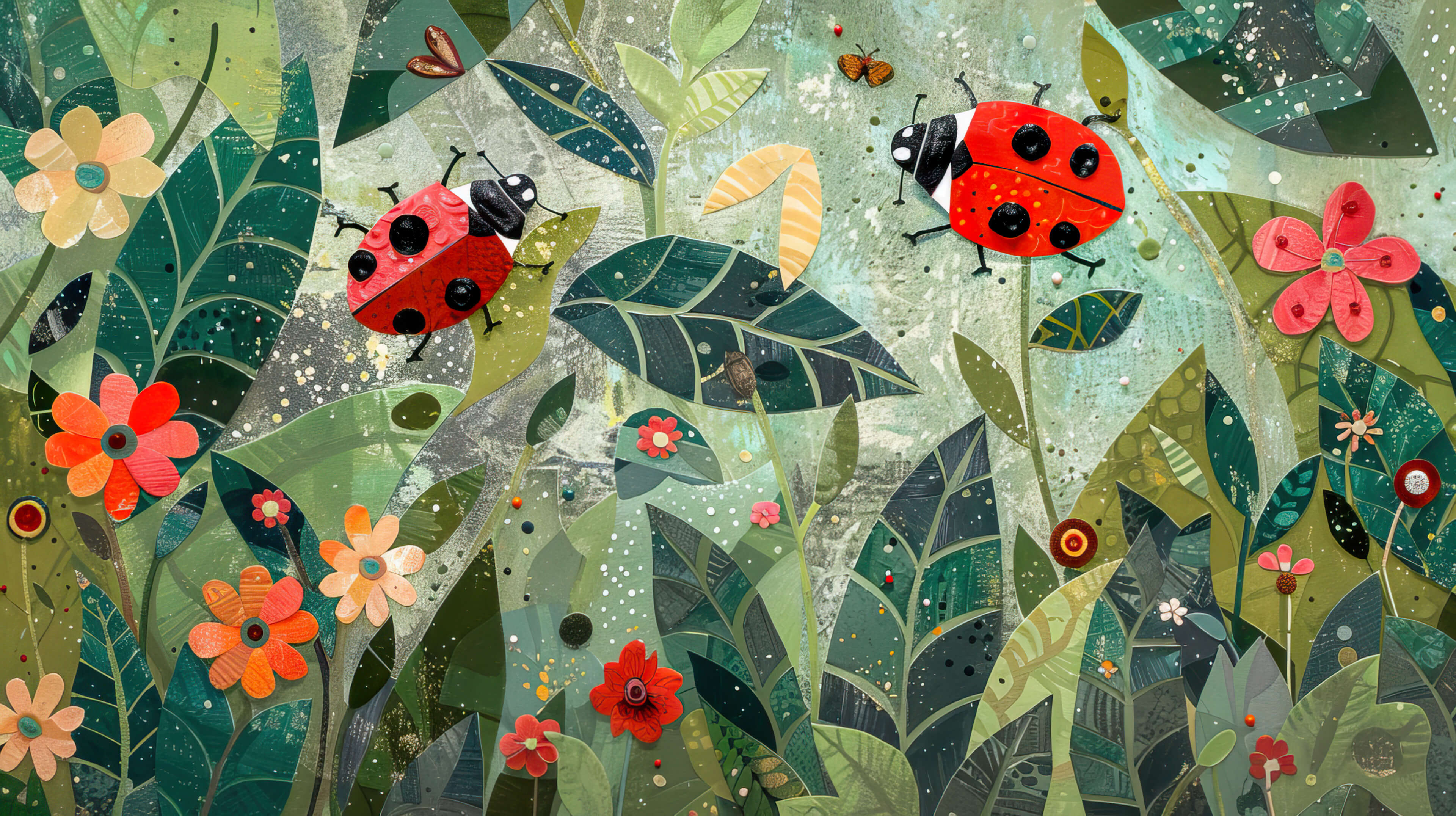 Friendly ladybugs gracefully moving through a vibrant garden amidst leaves and flowers adding a touch of whimsy and joy Wallpaper A whimsical scene of ladybugs on a patchwork canvas.jpg Friendly ladybugs gracefully moving through a vibrant garden amidst leaves and flowers adding a touch of whimsy and joy Wallpaper A whimsical scene of ladybugs on a patchwork canvas.jpg