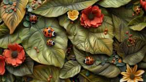 Friendly ladybugs wander through a garden adorned with leaves and flowers creating a delightful scene in a wallpaper titled Patchwork Joy
