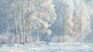 Frost draped birch trees stand in a snow coated setting their branches adorned with ice. Wallpaper choice Frozen Birchwood Grove