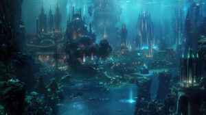 Futuristic Atlantis with advanced technology and ethereal lighting, showcasing a utopian underwater city