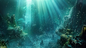 Glowing city of Atlantis beneath the ocean waves, radiating an otherworldly brilliance