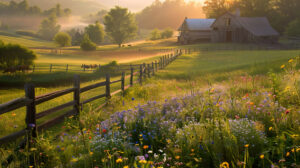 Golden morning light filtering through wooden fences onto a vibrant wildflower field in a tranquil barnyard at sunrise wallpaper.jpg