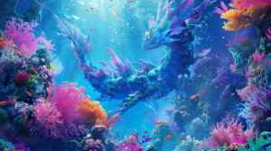 Graceful anime dragons swim among colorful coral reefs in an ethereal underwater scene captured in the wallpaper titled Enchanting Dragon Aquatic Beauty.jpg