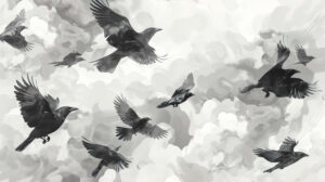 Graceful black and white birds in flight create whimsical patterns against the cloudy sky in the wallpaper named Birds in Flight.jpg