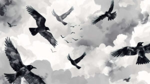 Graceful black and white birds in flight with whimsical patterns against the clouds wallpaper