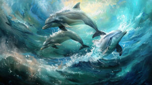Graceful dolphins glide effortlessly through shimmering waves amidst a seascape adorned with hues of blue and green in the wallpaper titled Majestic Dolphins